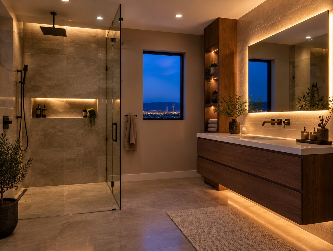 Remodeled bathroom with a glass shower and a lit vanity at night