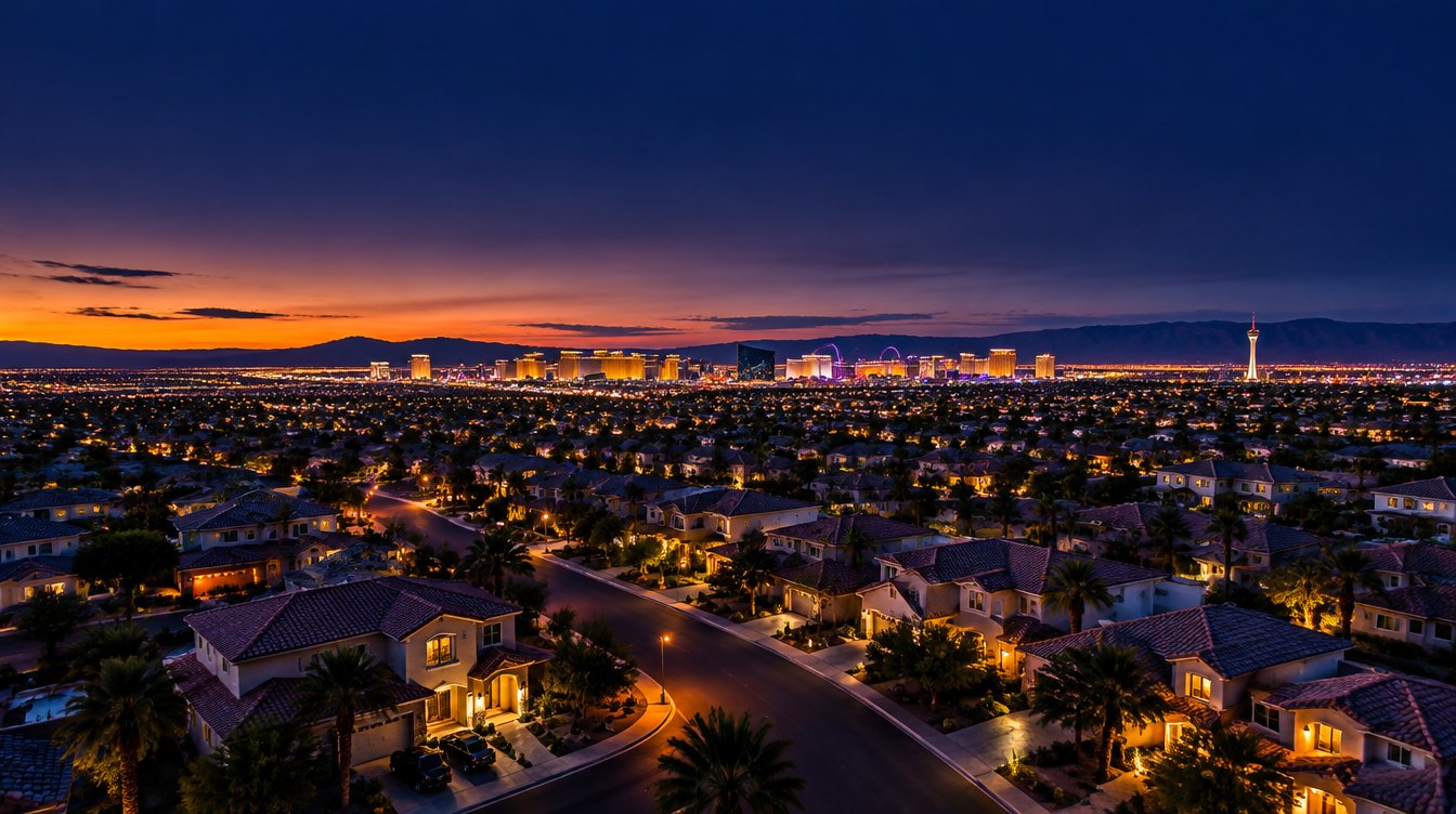 Las Vegas neighborhood at blue hour with the Strip glowing on the horizon