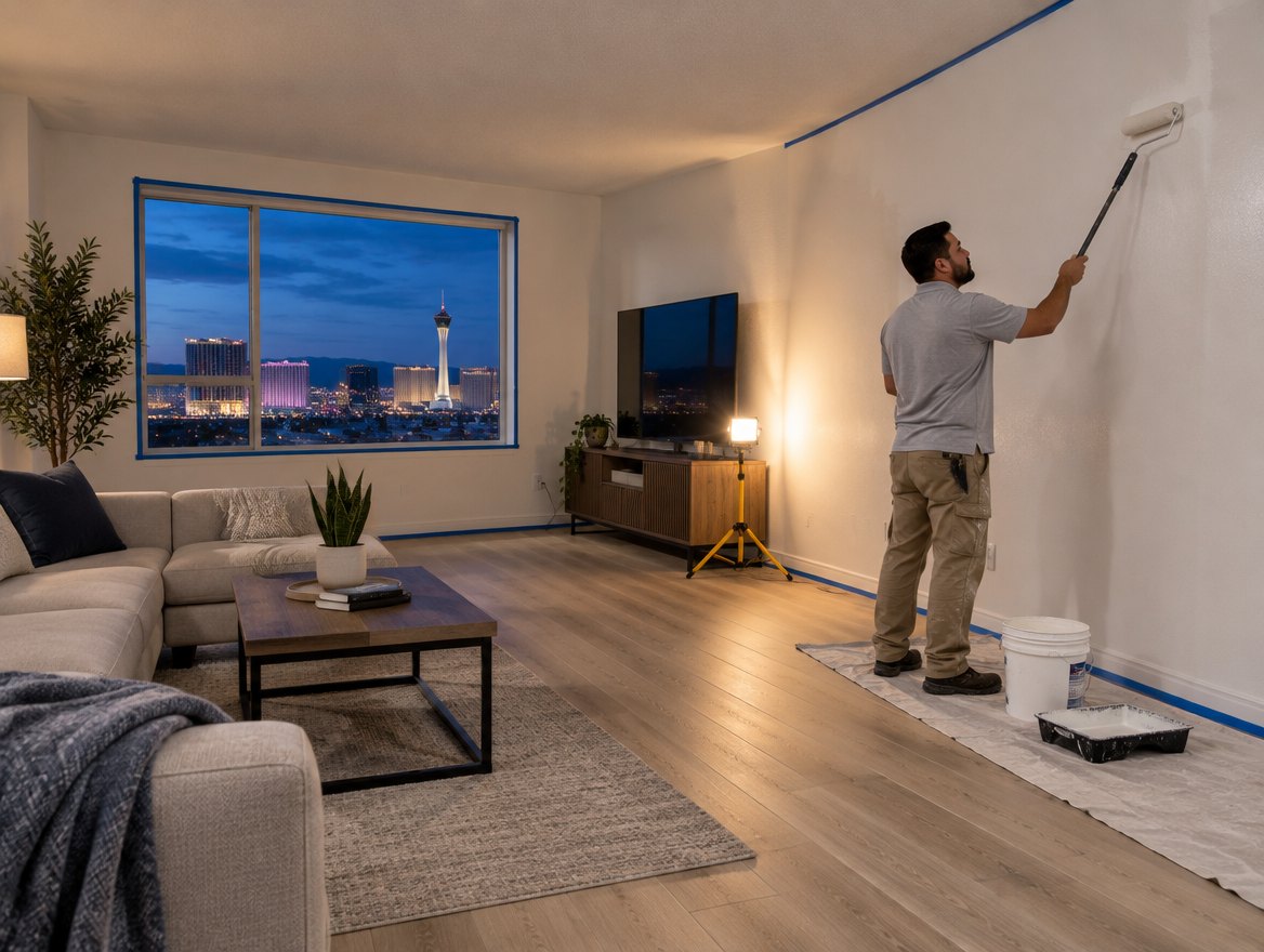 Handyman painting a living room wall over a new plank floor