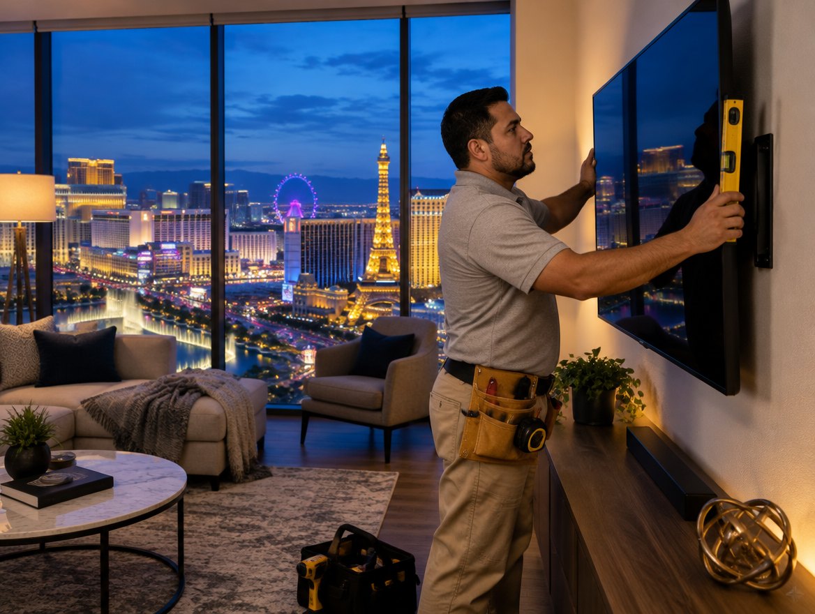 Handyman mounting a TV with the Strip lit up behind the window