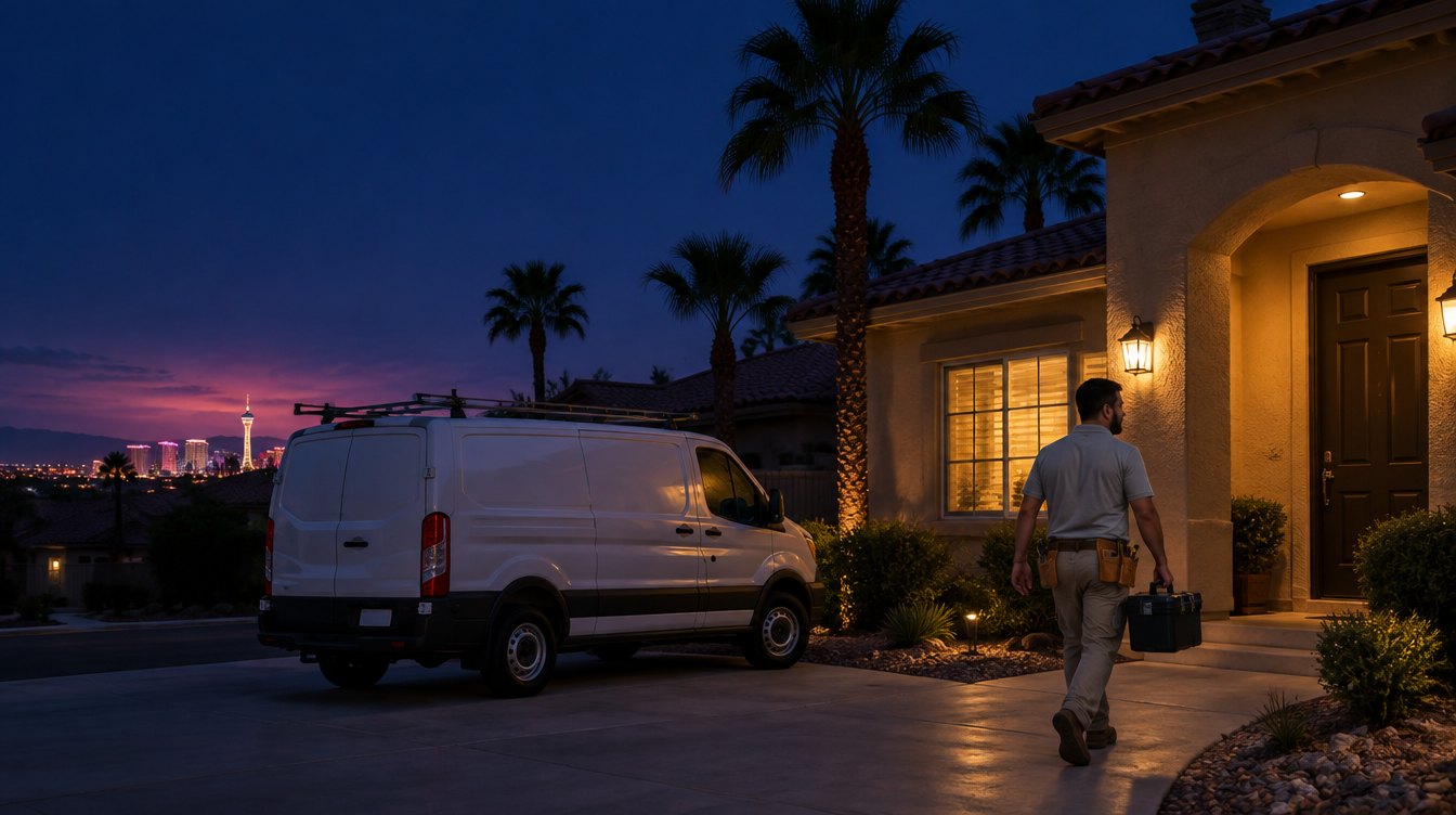 PrimeFix handyman walking from his white van to a Las Vegas home at blue hour