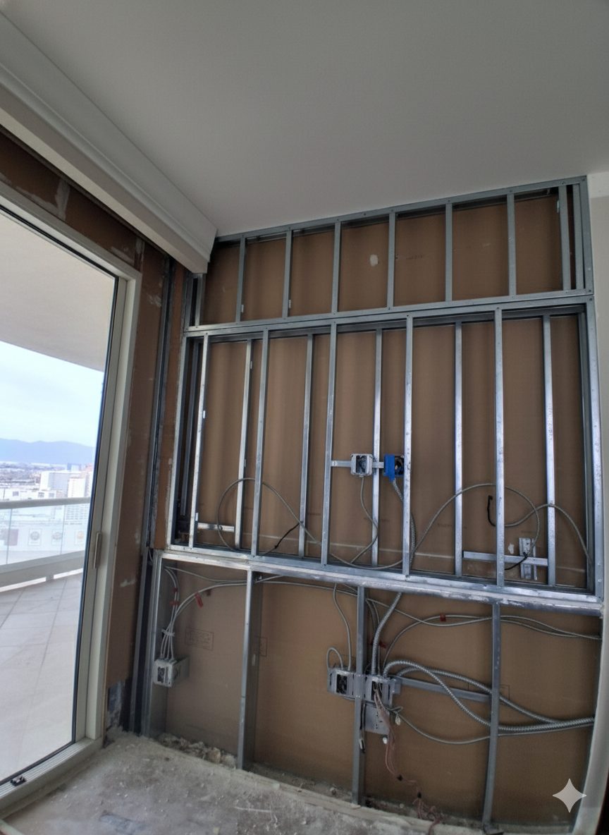 Wall opened to the studs with new framing and wiring